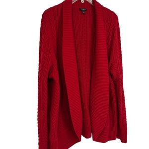 TALBOTS Cable knit Red open face SZ 1X Lambs wool blend fisherman cardigan